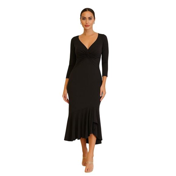 Vera Wang Black Twist Front Ruffle Hem Midi Dress Women’s 10 - Picture 1 of 6